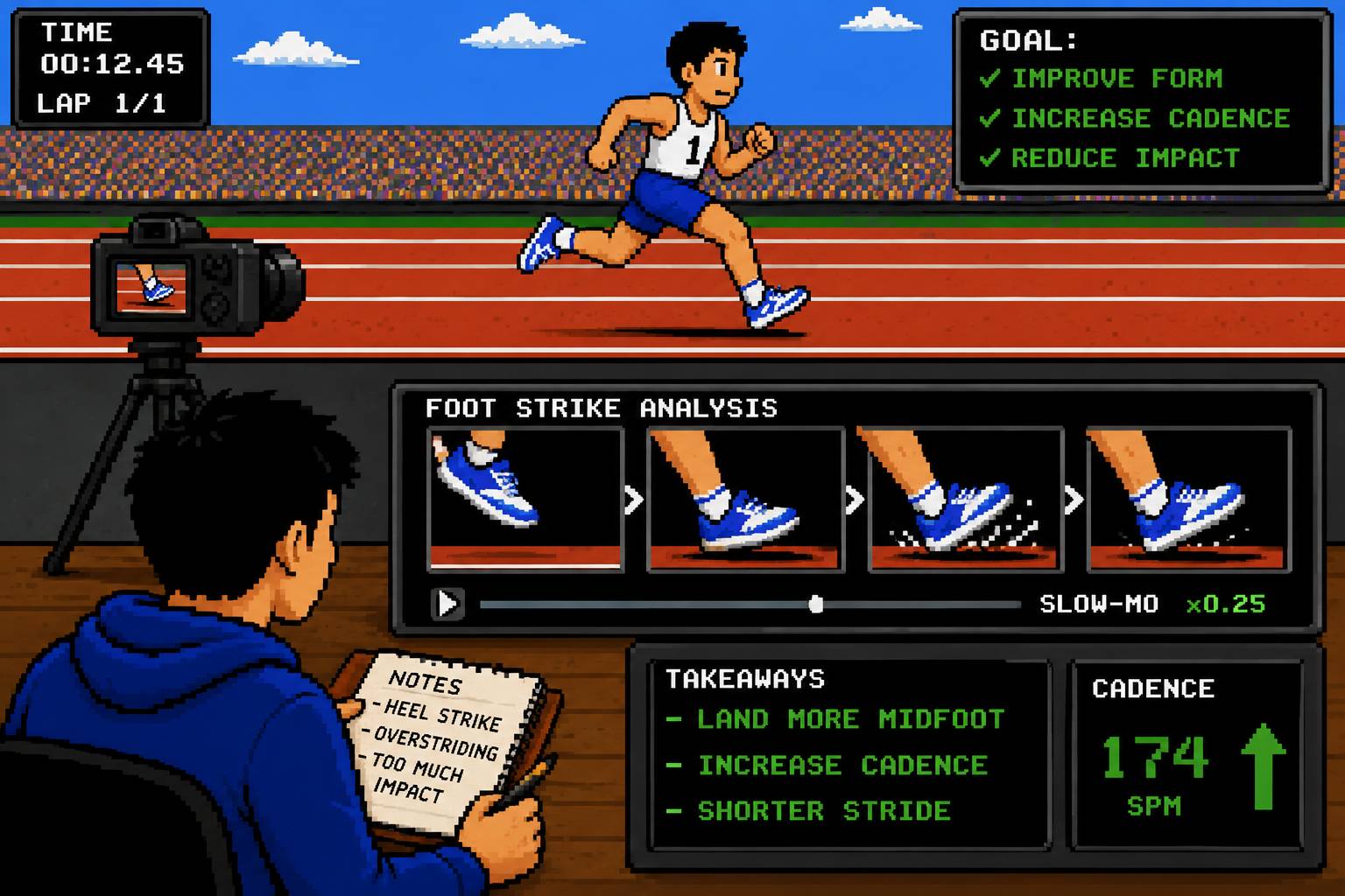8-bit style image analyzing how a runner's foot hits the ground during the race