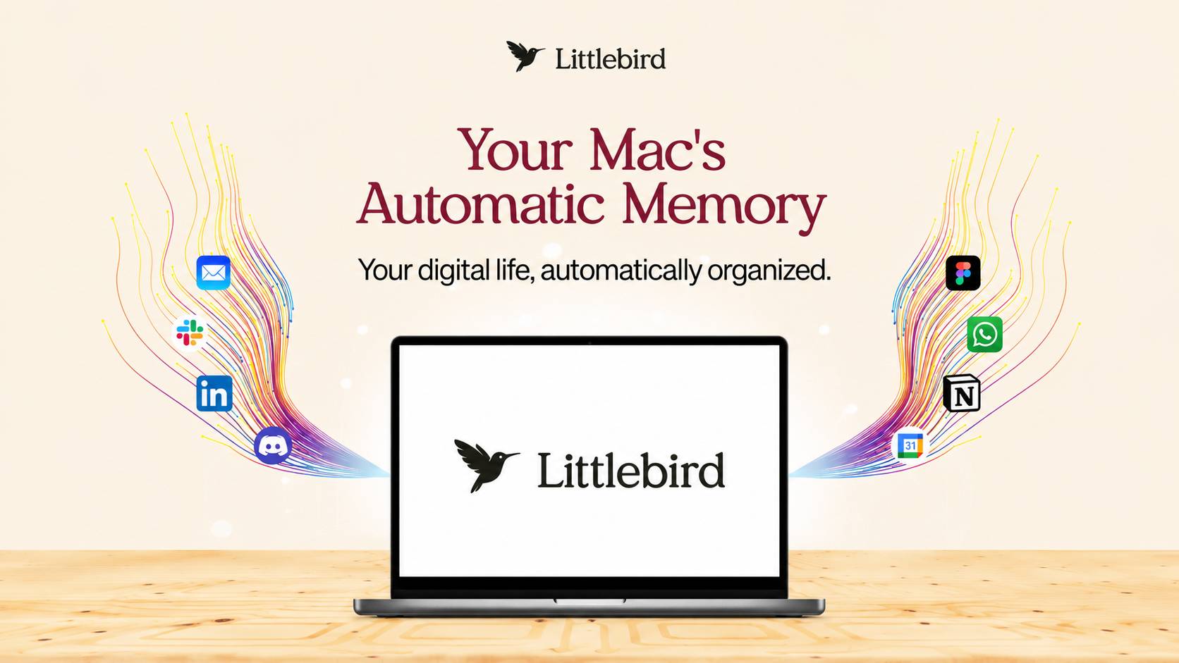 Image of a computer with a hummingbird icon and the word Littlebird. Your Mac's Automatic Memory. Your digital life, automatically organzed.