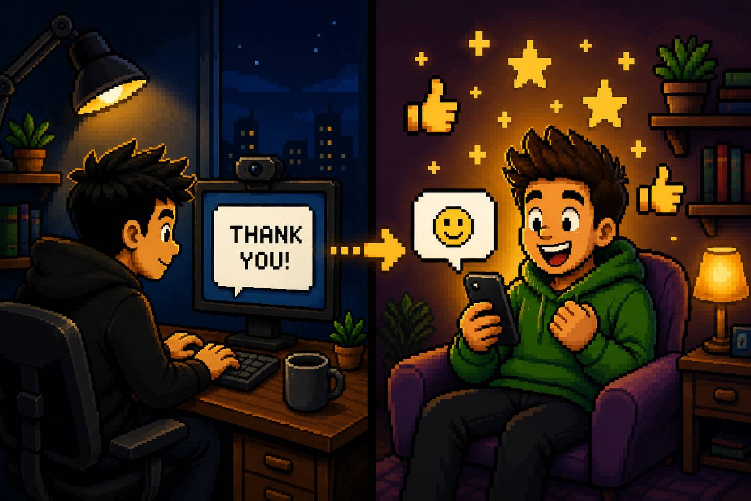 8-bit style image of a creator thanking a follower and the follower appearing happy