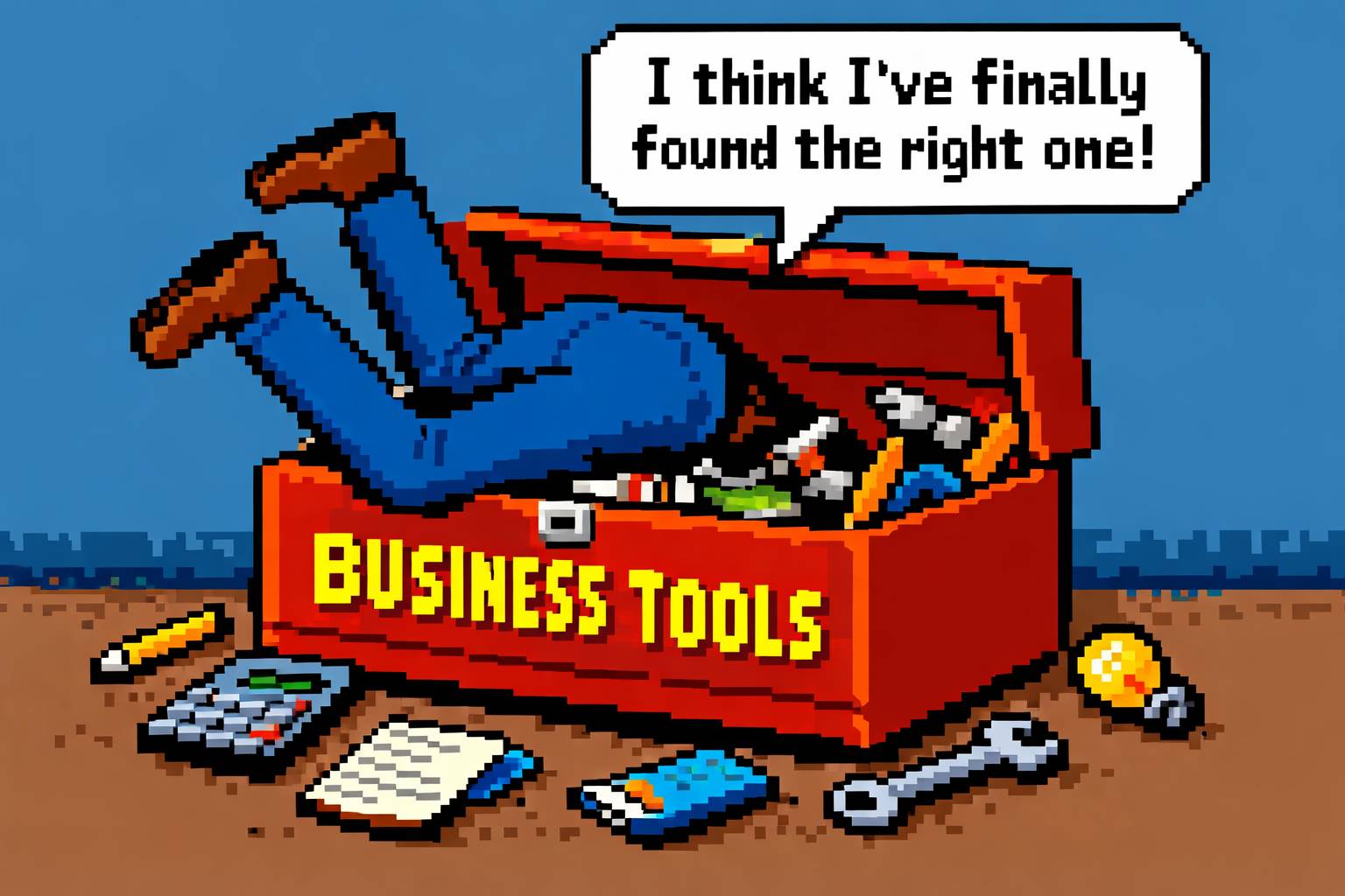 8-bit style image of someone searching for the right business tool