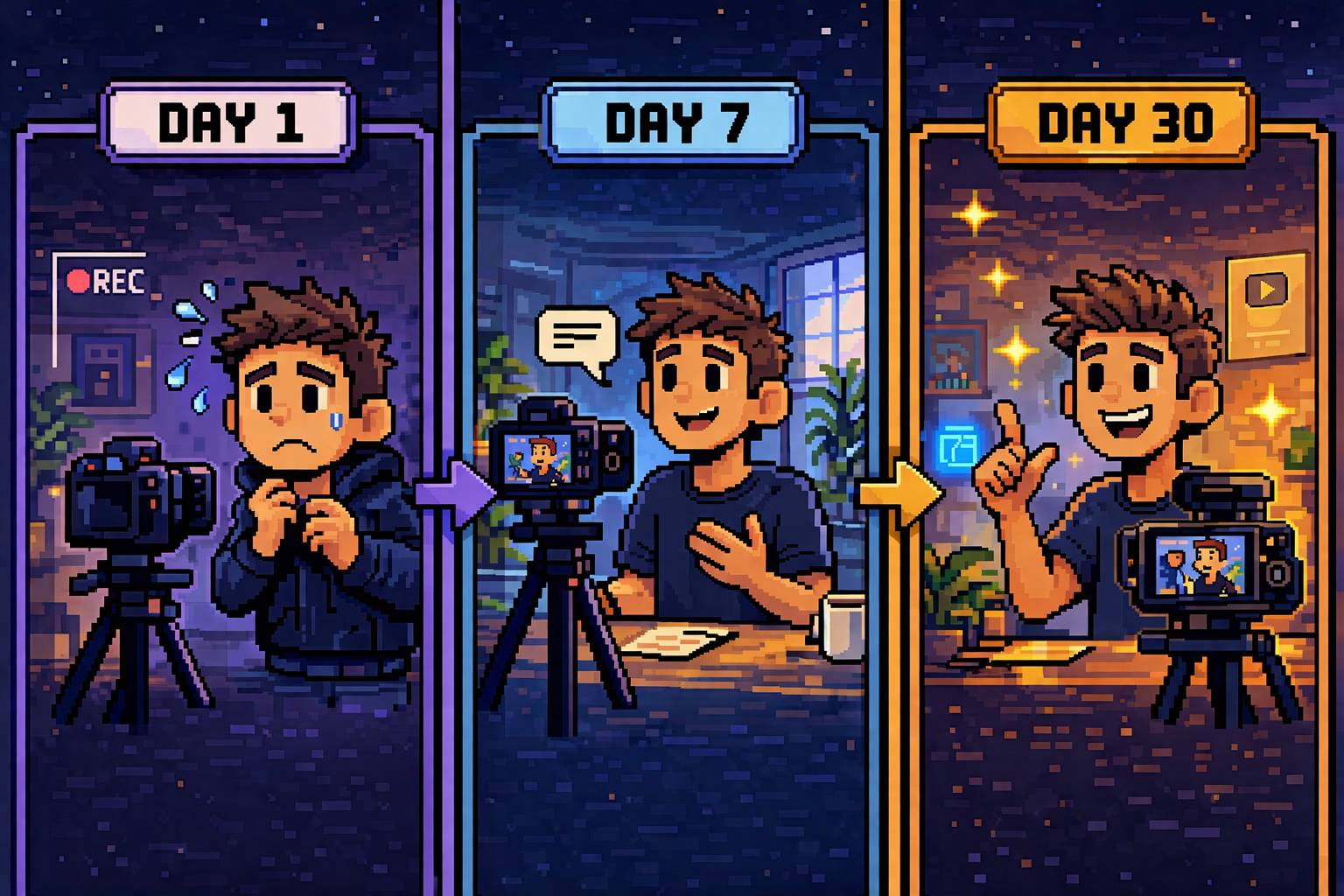 8-bit style image of showing someone get more confident filming content with time