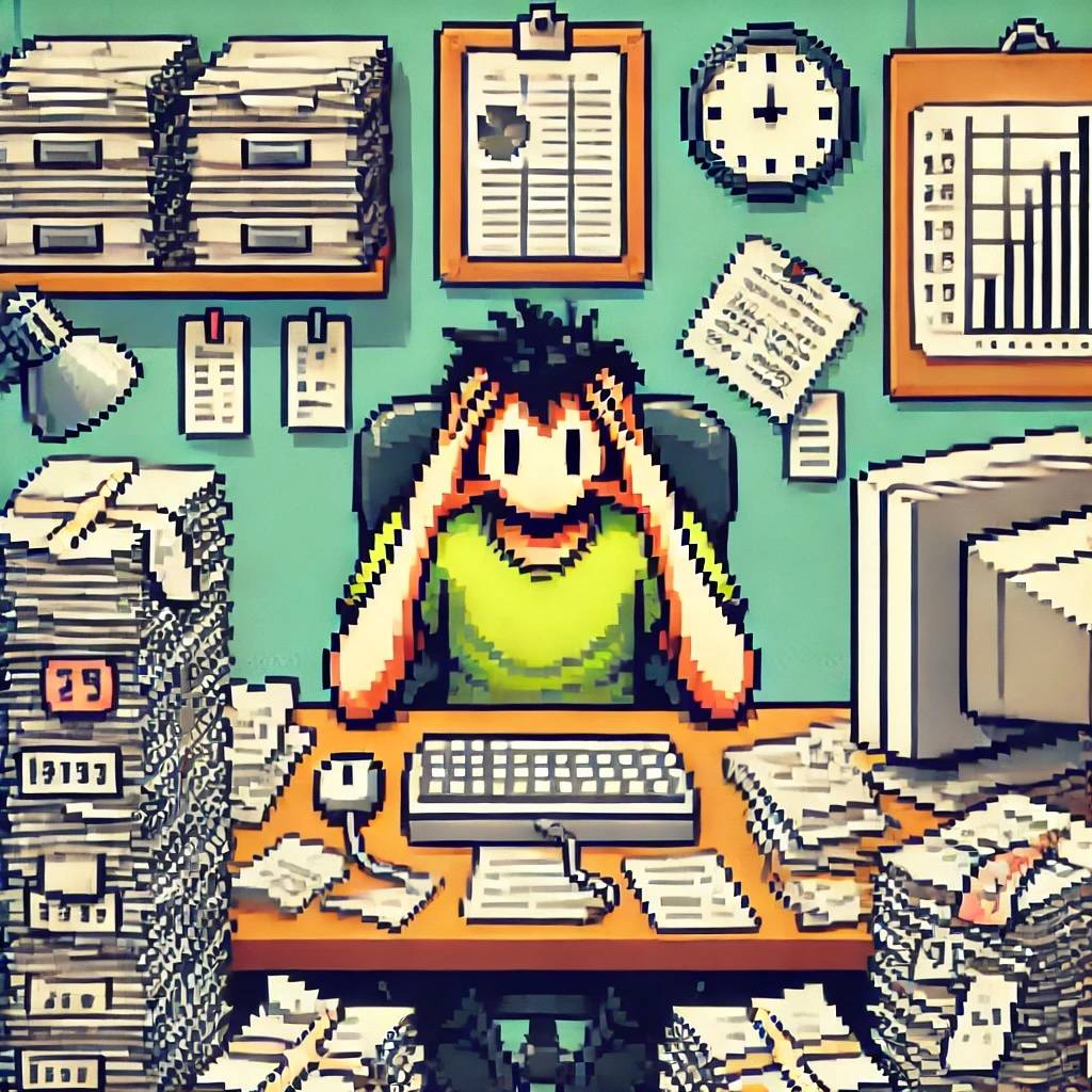 An 8-bit image of a stressed out man surrounded by paperwork