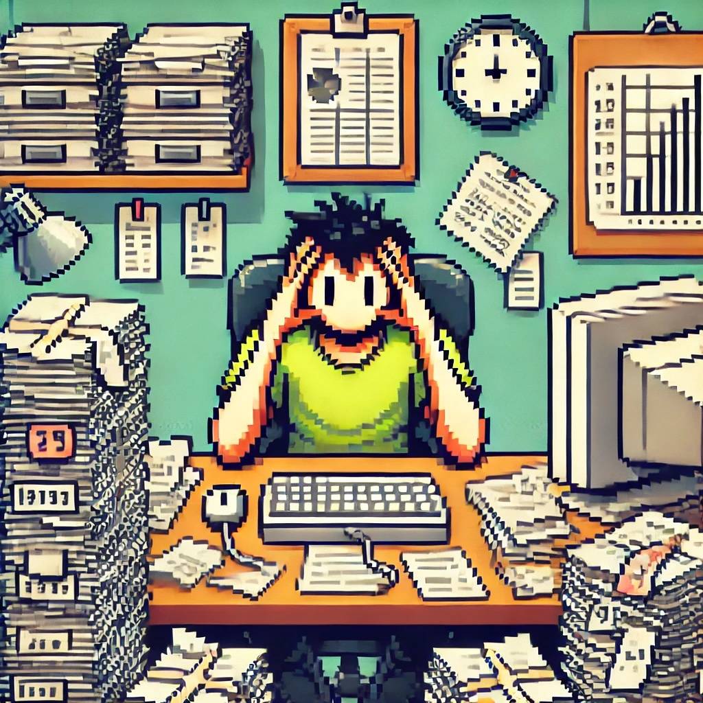 An 8-bit image of a stressed out man surrounded by paperwork