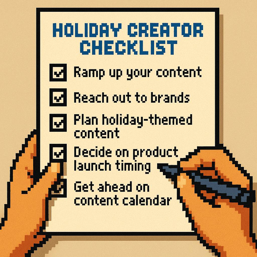 8-bit style image of a holiday creator checklist