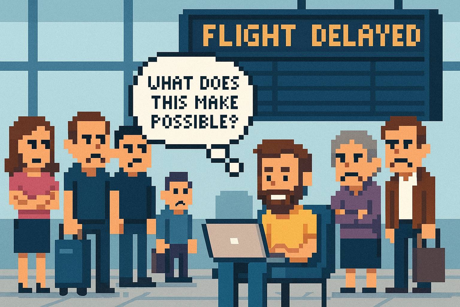 8-bit image of an airport terminal. Everyone is upset that the flight was delayed but one man is working on a laptop with the thought bubble saying 'What does this make possible?"