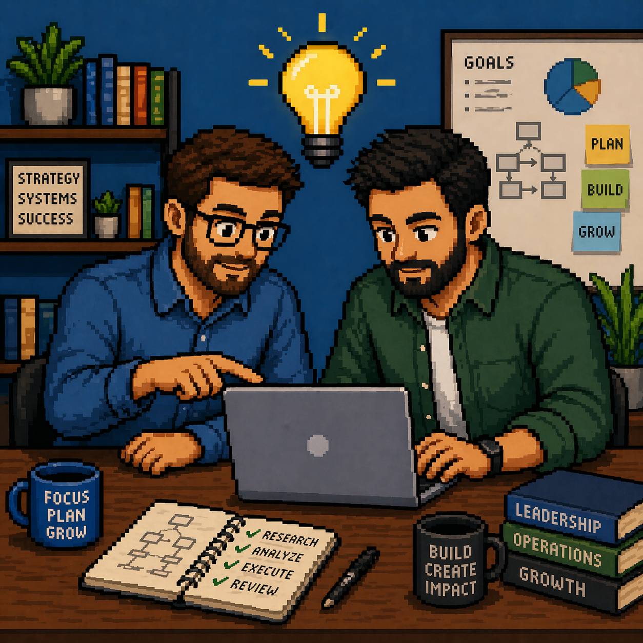 8-bit style image of two men working together on a laptop there's a lightbulb above their heads