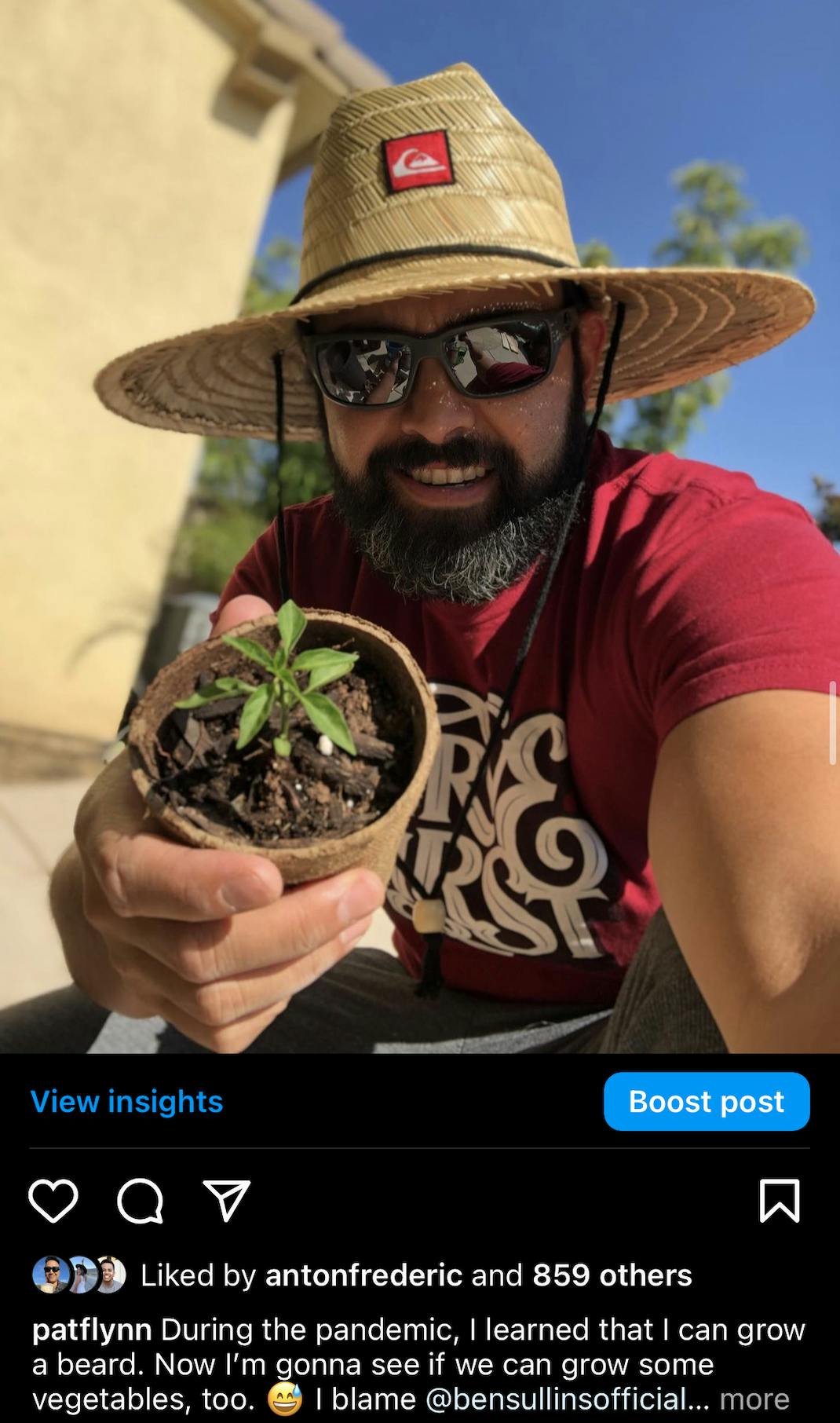 Screenshot from Pat Flynn's Instagram page holding a plant.