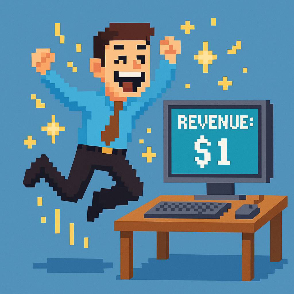 Man jumping for joy because he sees "Revenue: $1" on his computer screen