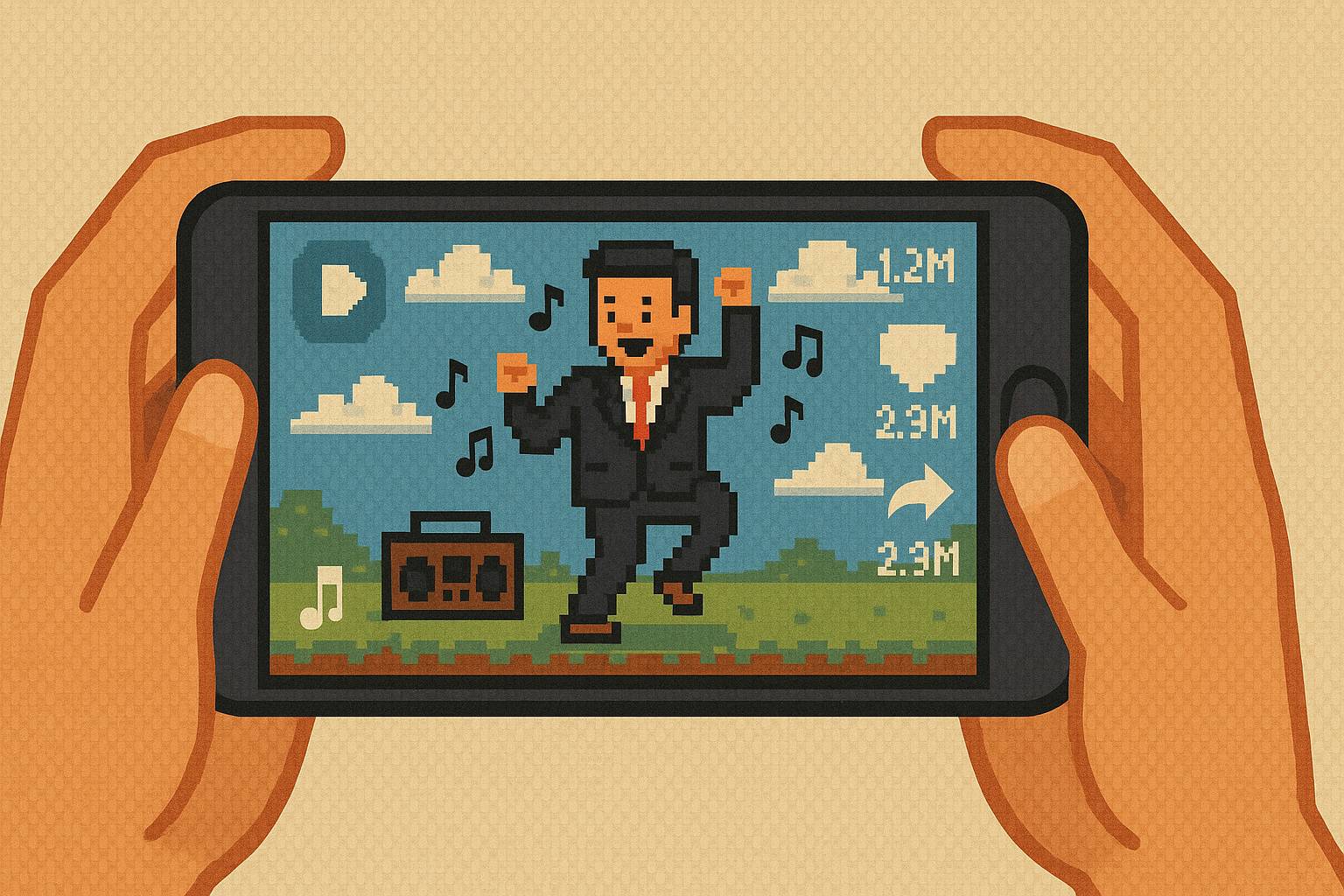 8-bit image of someone holding a phone watching a viral video of a business man dancing