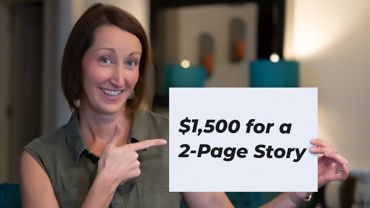 Woman pointing to a sign saying "$1,500 for a 2-page story"