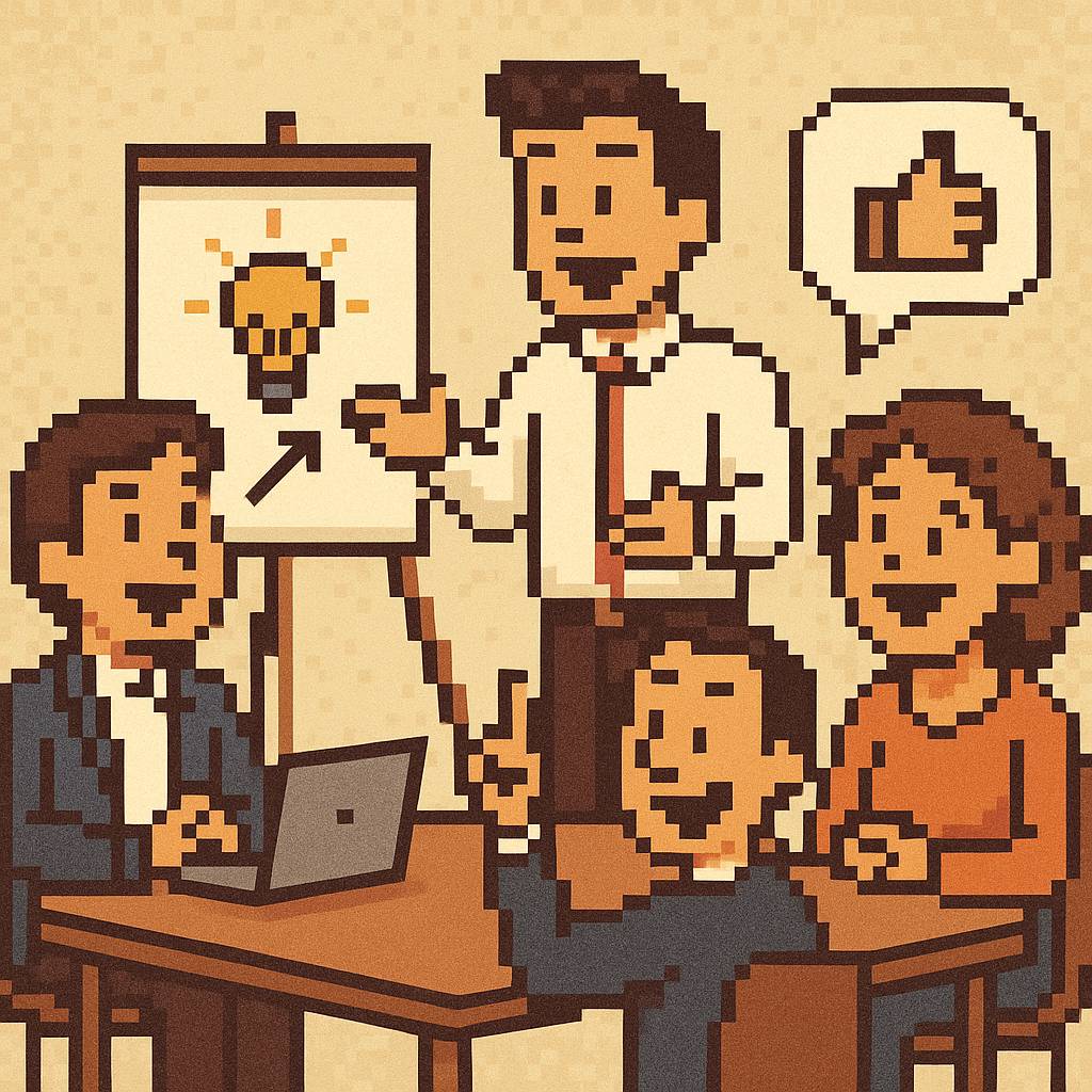 8-bit style illustration of people sitting around a table discussing an idea