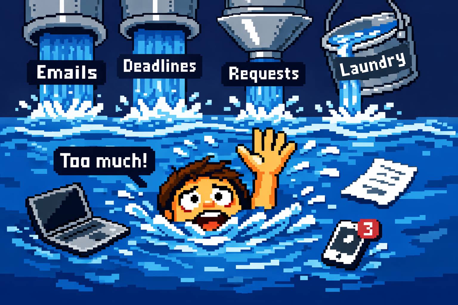 8-bit style photo of someone drowning in tasks