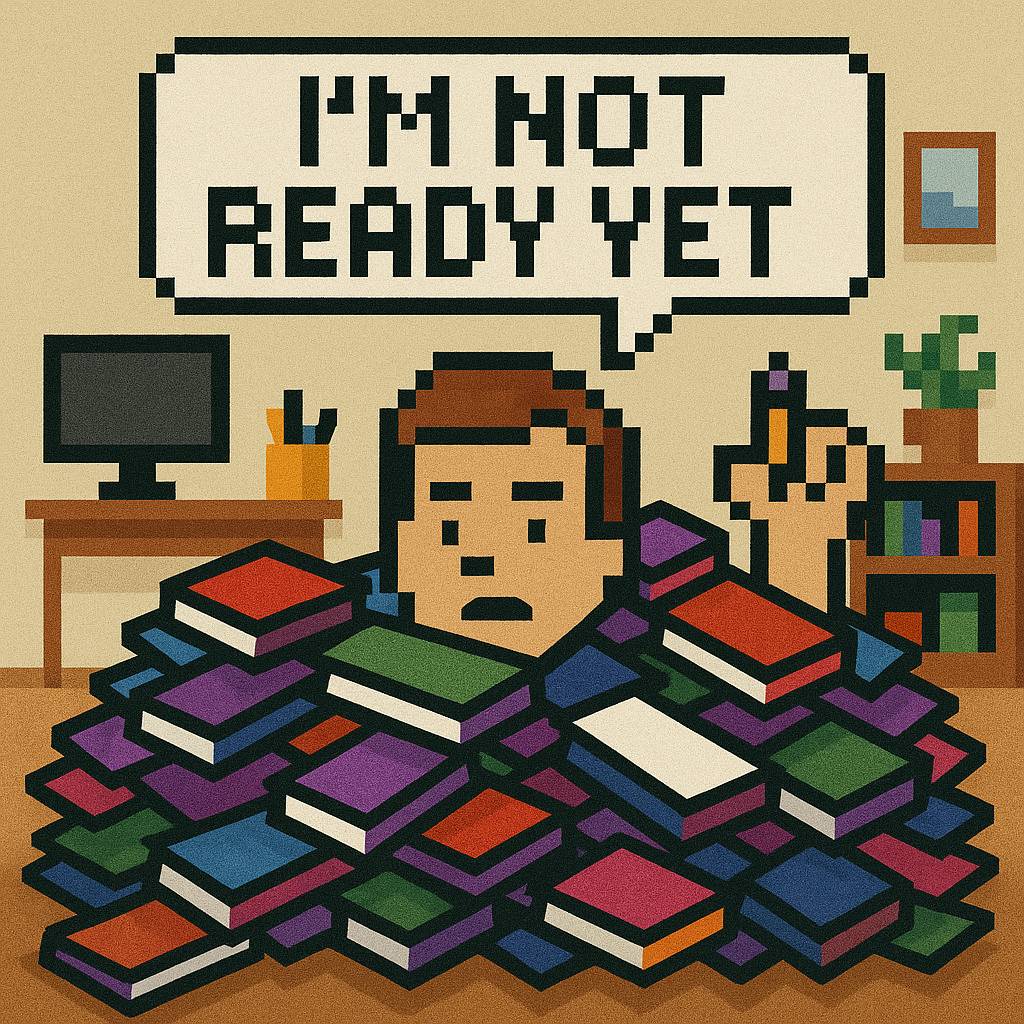 8-bit style illustration of a man buried in books. His head pops out of the pile, and he says, "I'm not ready yet."