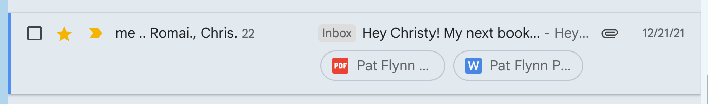 Screenshot of an email from Pat with book proposal attachments