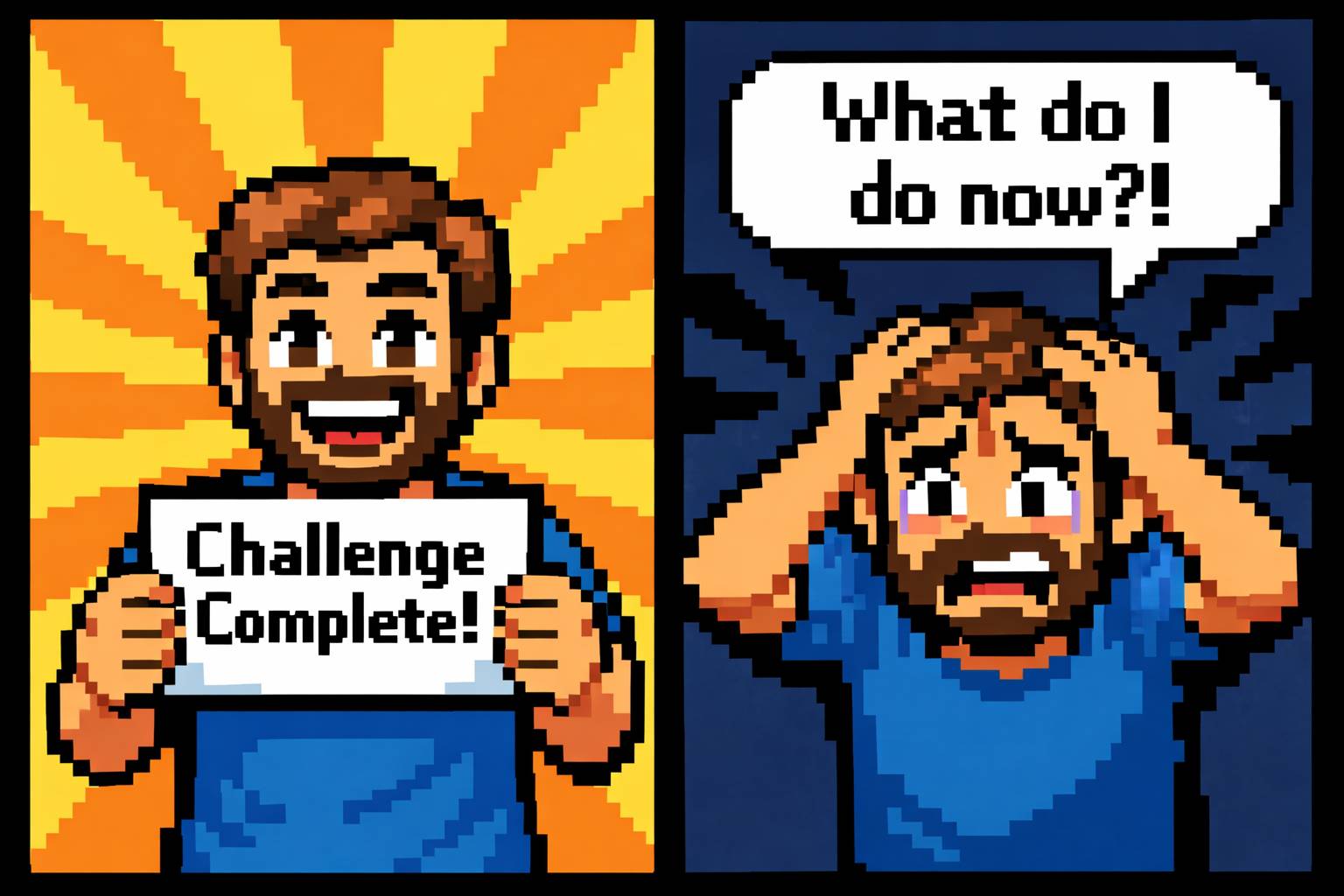 8-bit style image of someone who goes from being proud of completing a challenge to being nervous about what to do next