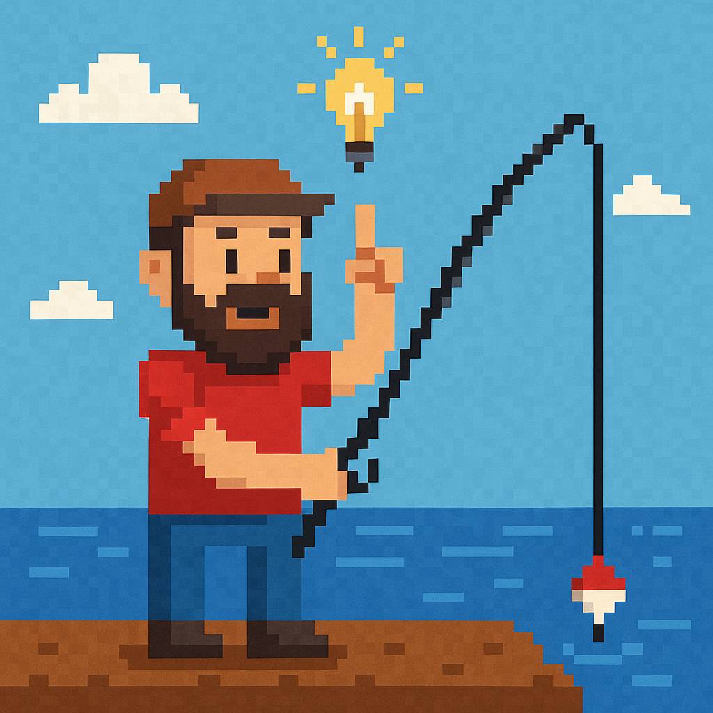 An 8-bit style illustration of Pat fishing and getting an idea