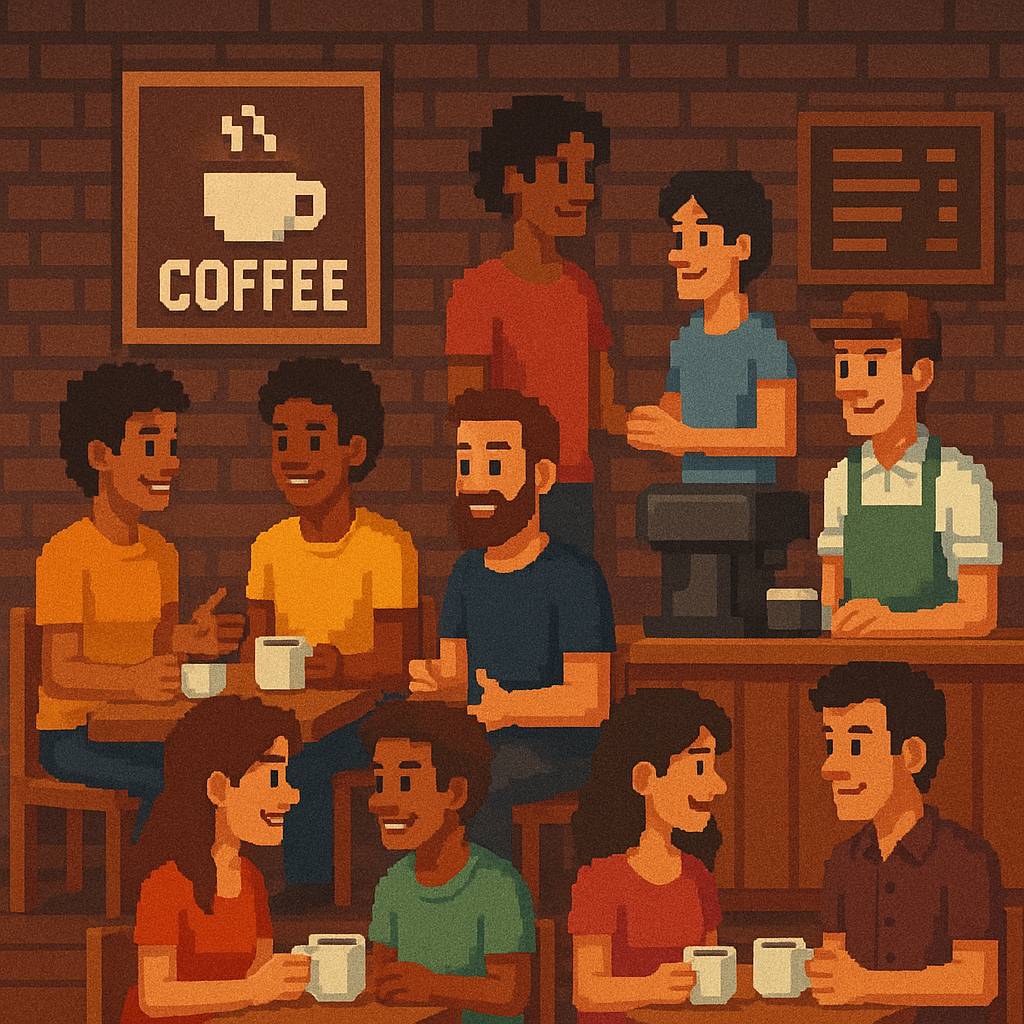 8-bit style image of people hanging out at a coffee shop