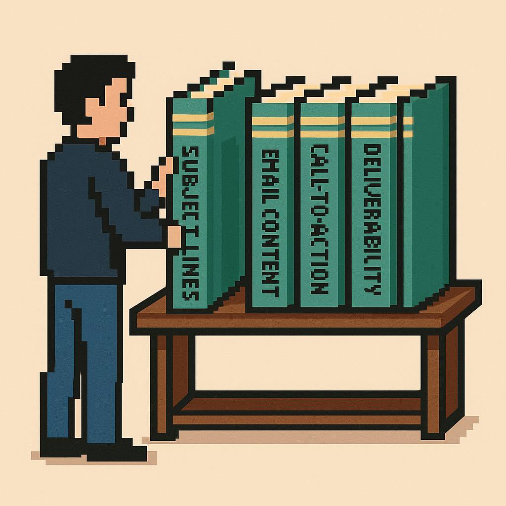 Man looking at books with different email marketing elements on them