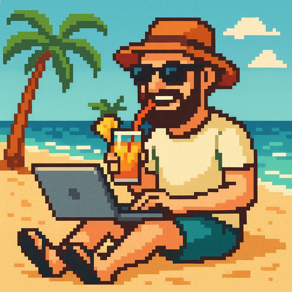 8-bit man with beard sitting on the beach working on his laptop