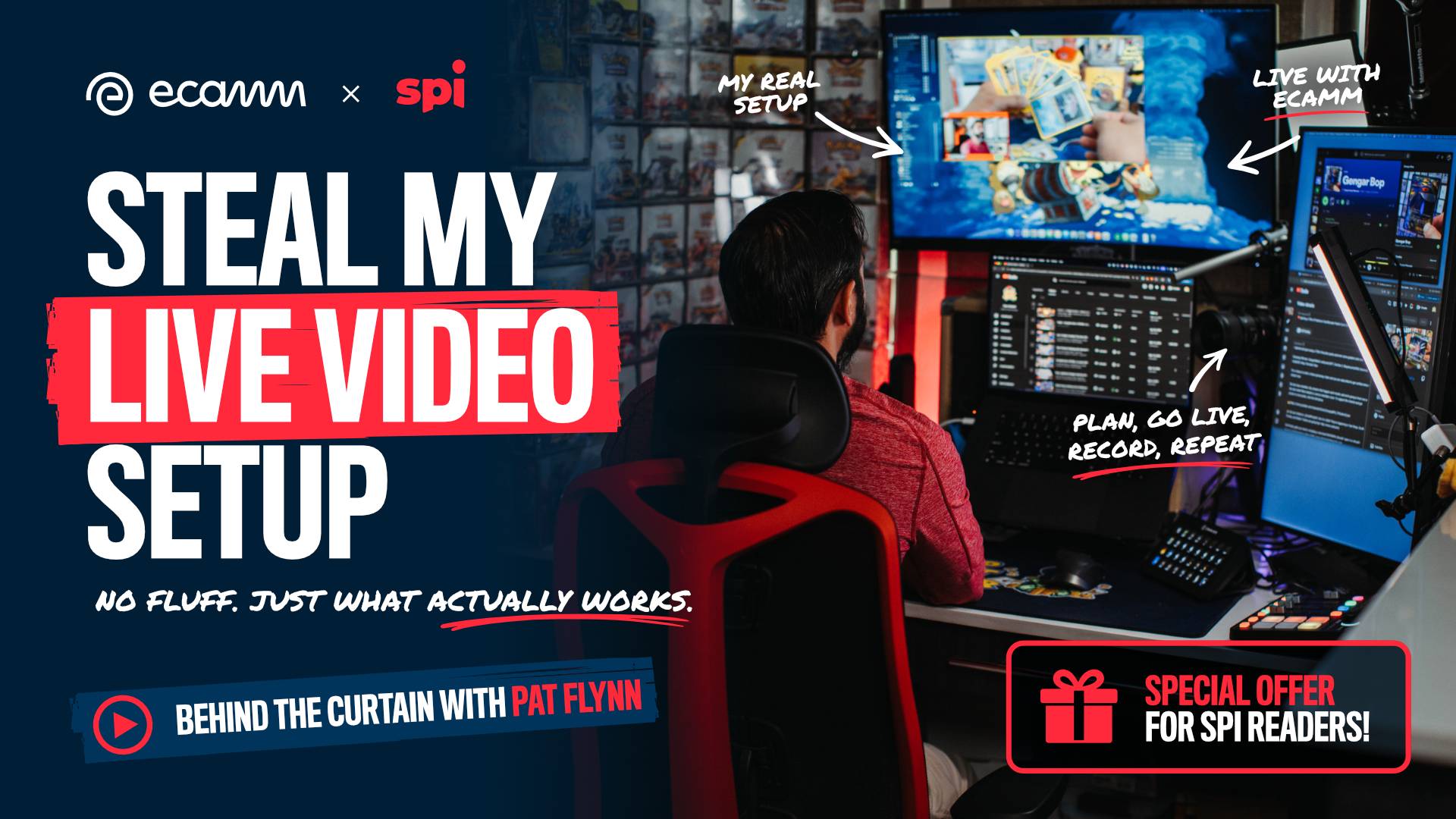 Ecamm x SPI Steal My Live video setup no fluff. just what actually works. Behind the curtain with Pat Flynn. Special offer for SPI readers!