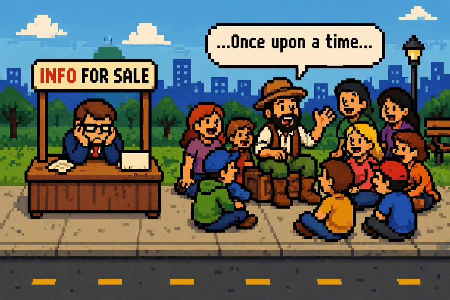 8-bit style image of someone trying to sell info and not being successful and someone else telling a story and everyone is around them.