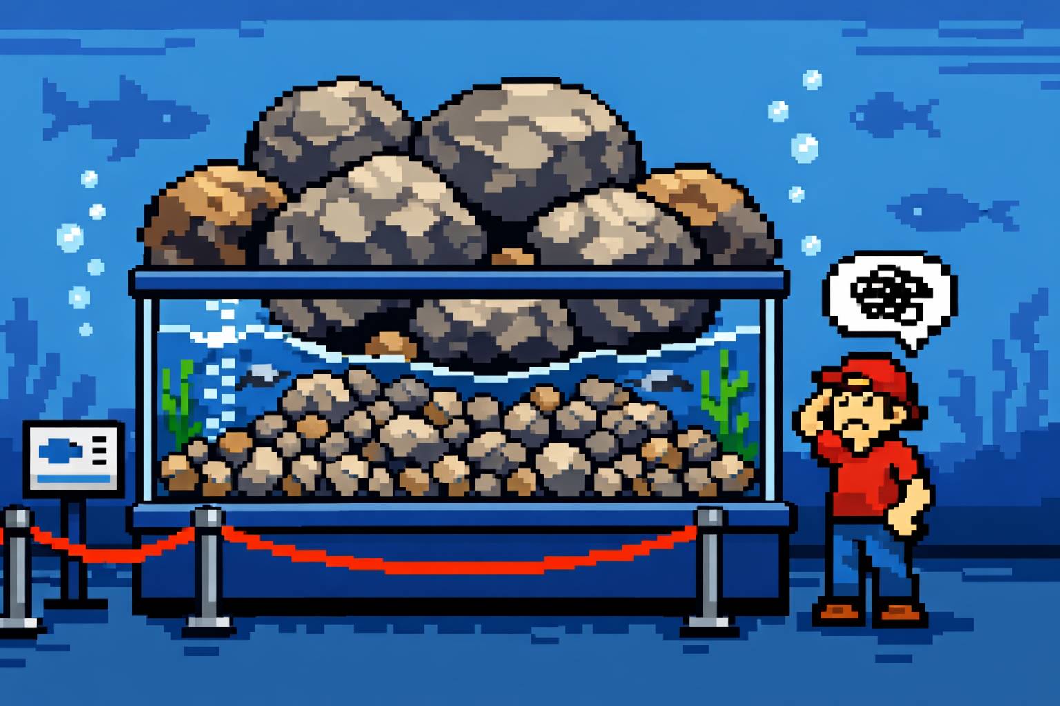 8-bit style image of someone trying to fit a bunch of large rocks in a tank that's already filled with small rocks. The person is frustrated.