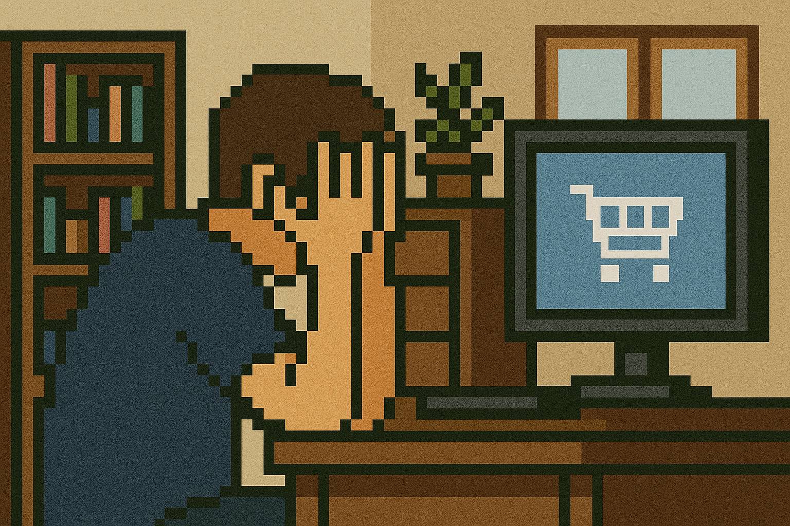 8-bit style illustration of a man with his head in his hands; he's sitting at a computer with a shopping cart on the screen
