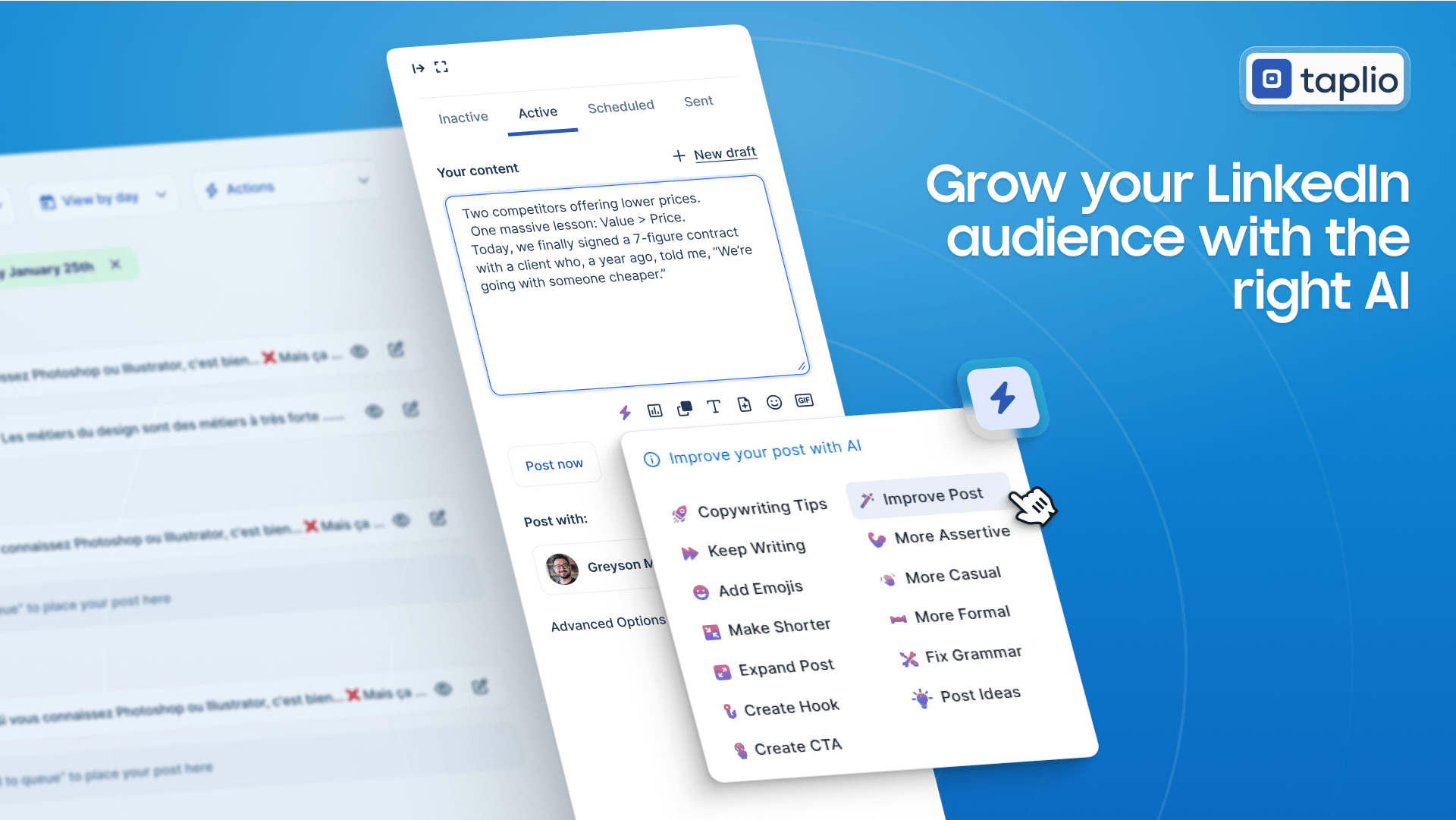 A series of screenshots showing the Taplio user interface