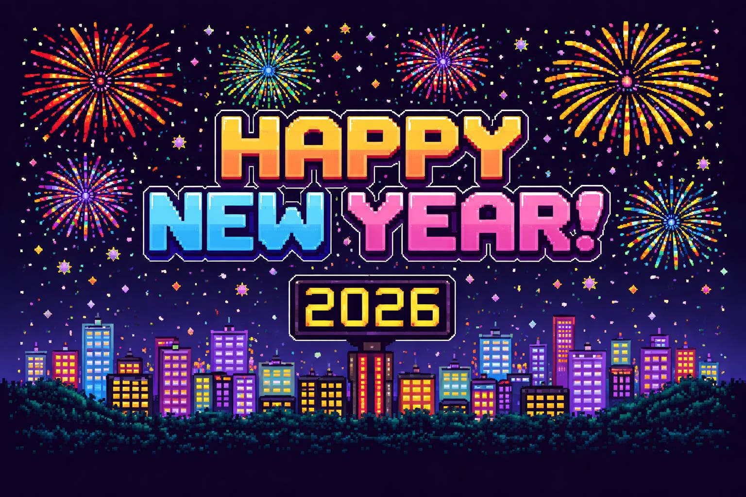 8-bit style photo that says Happy New Year 2026