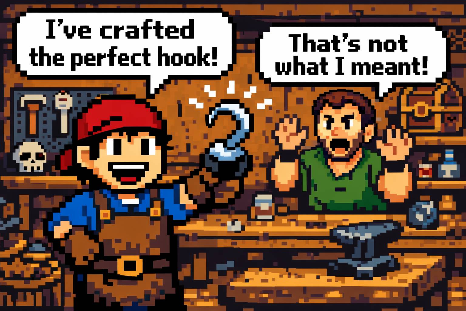 8-bit style image of a man who says he has crafted the perfect hook holding an actual hook and another man saying that's not what he meant