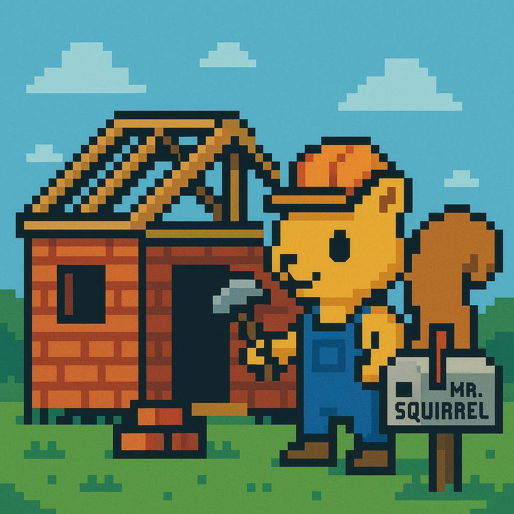 8-bit style illustration of a squirrel building a house
