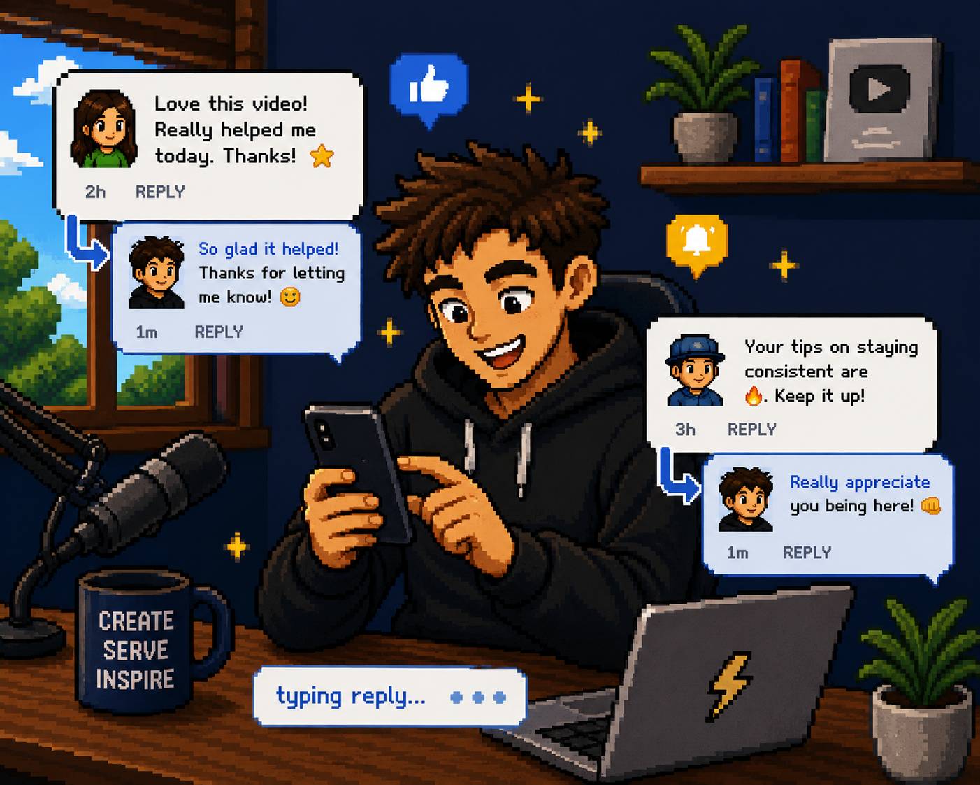 8-bit style image of someone responding to fan comments