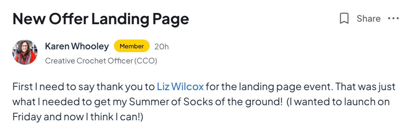 New Offer Landing Page  Karen Whooley Member 20h  Creative Crochet Officer (CCO)   Share  First I need to say thank you to Liz Wilcox for the landing page event. That was just what I needed to get my Summer of Socks of the ground!  (I wanted to launch on Friday and now I think I can!)