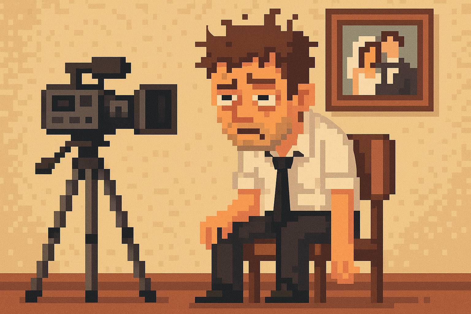 8-bit style image of a burnt out wedding videographer