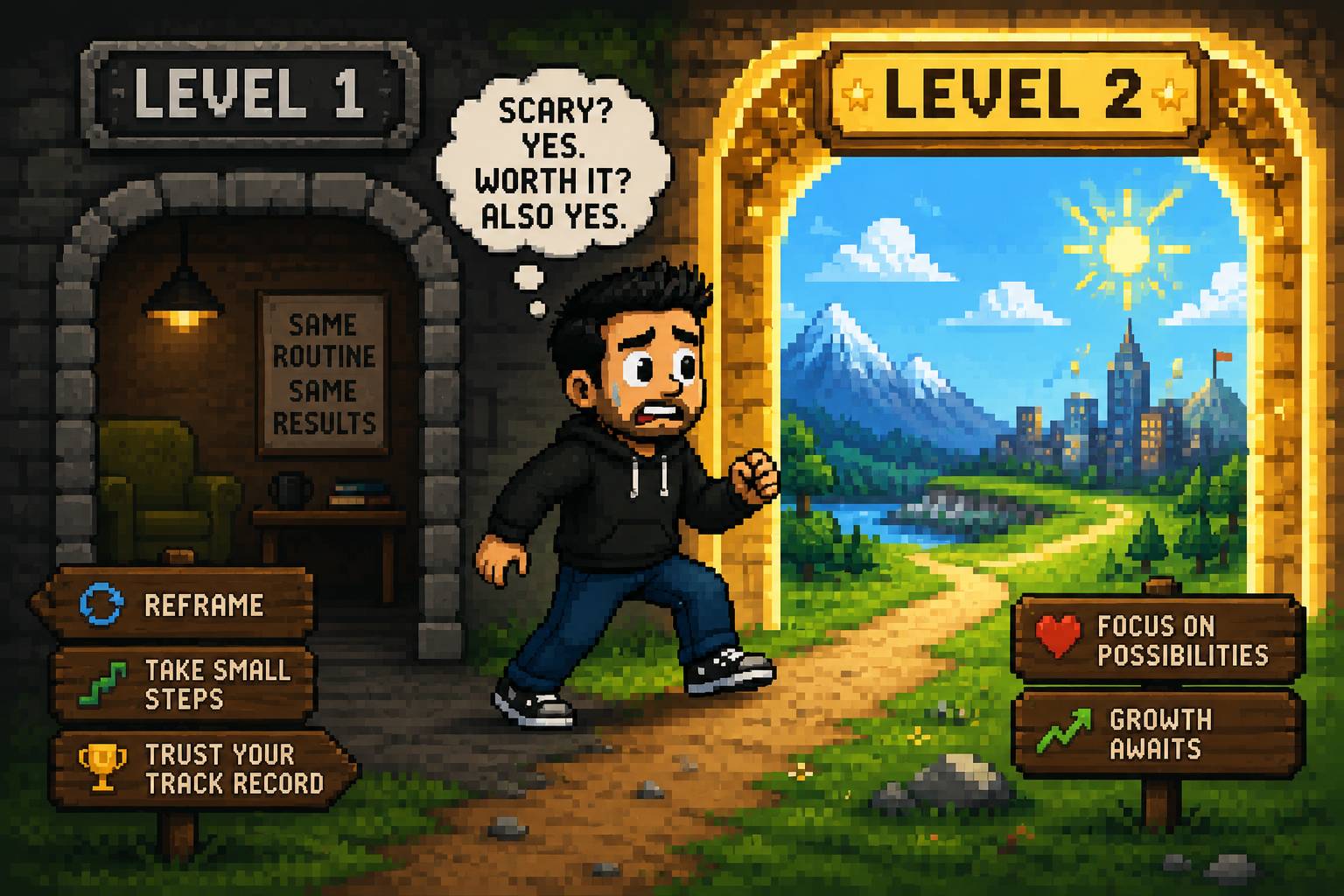 An 8-bit style image of a man going from level 1 to level 2 with a thought bubble that says "Scary? Yes. Worth it? Also yes."