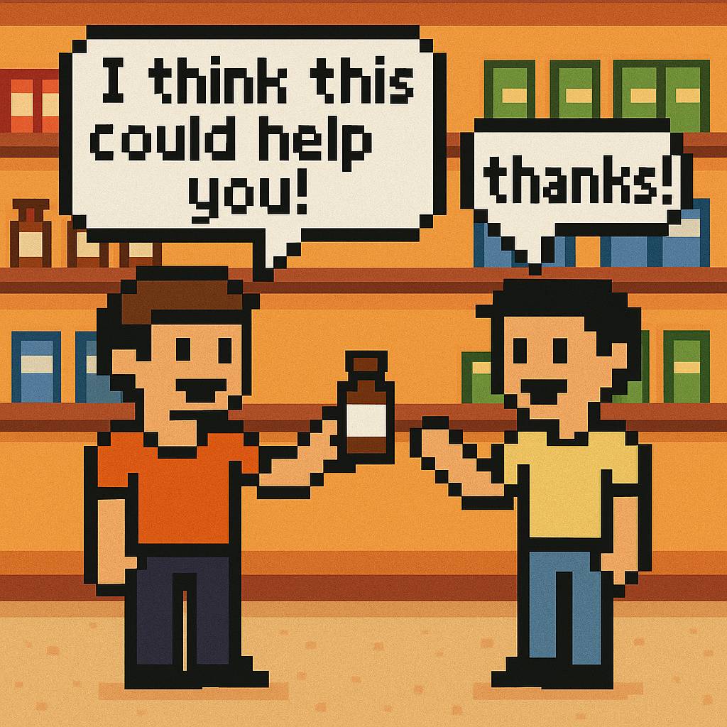 8-bit style illustration of two people in a shop. The person on the left holds up a product and says, "I think this could help you!" The person on the right reaches for the product and says, "Thanks!"