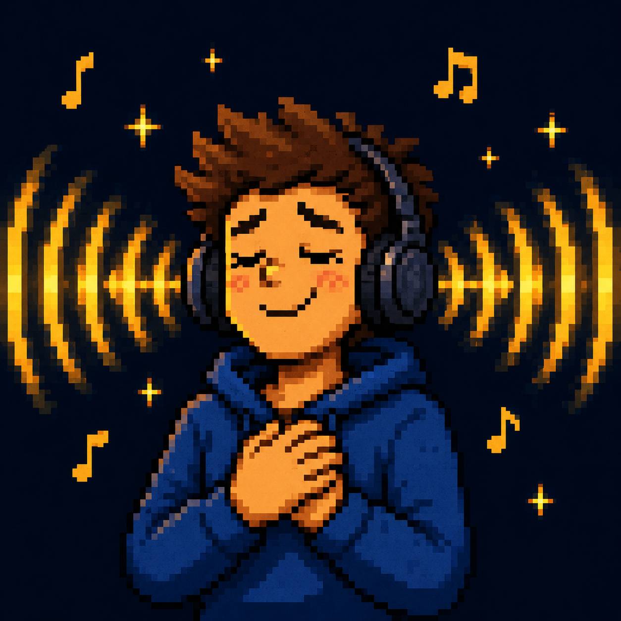 8-bit style image of someone listening to music with headphones looking really happy