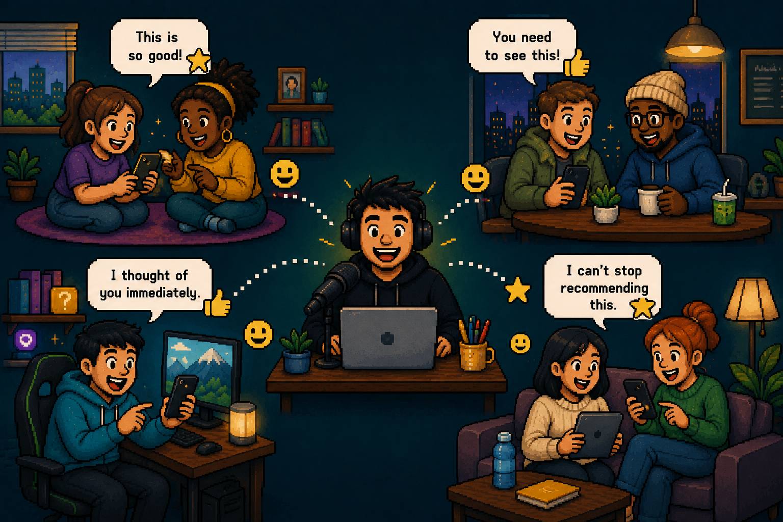 an 8-bit style image of a creator making content that is then getting shared through word of mouth