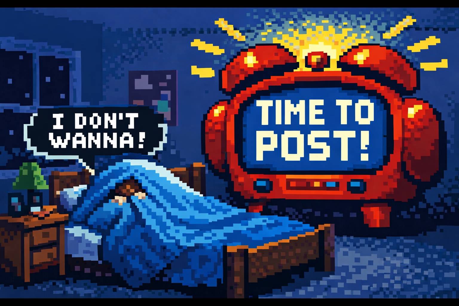 8-bit style image of someone hiding under their blanket from an alarm that says "TIME TO POST"