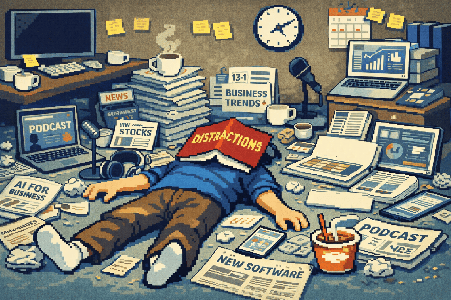 8-bit style image of someone laying on the ground not getting work done because they are surrounded by distractions.