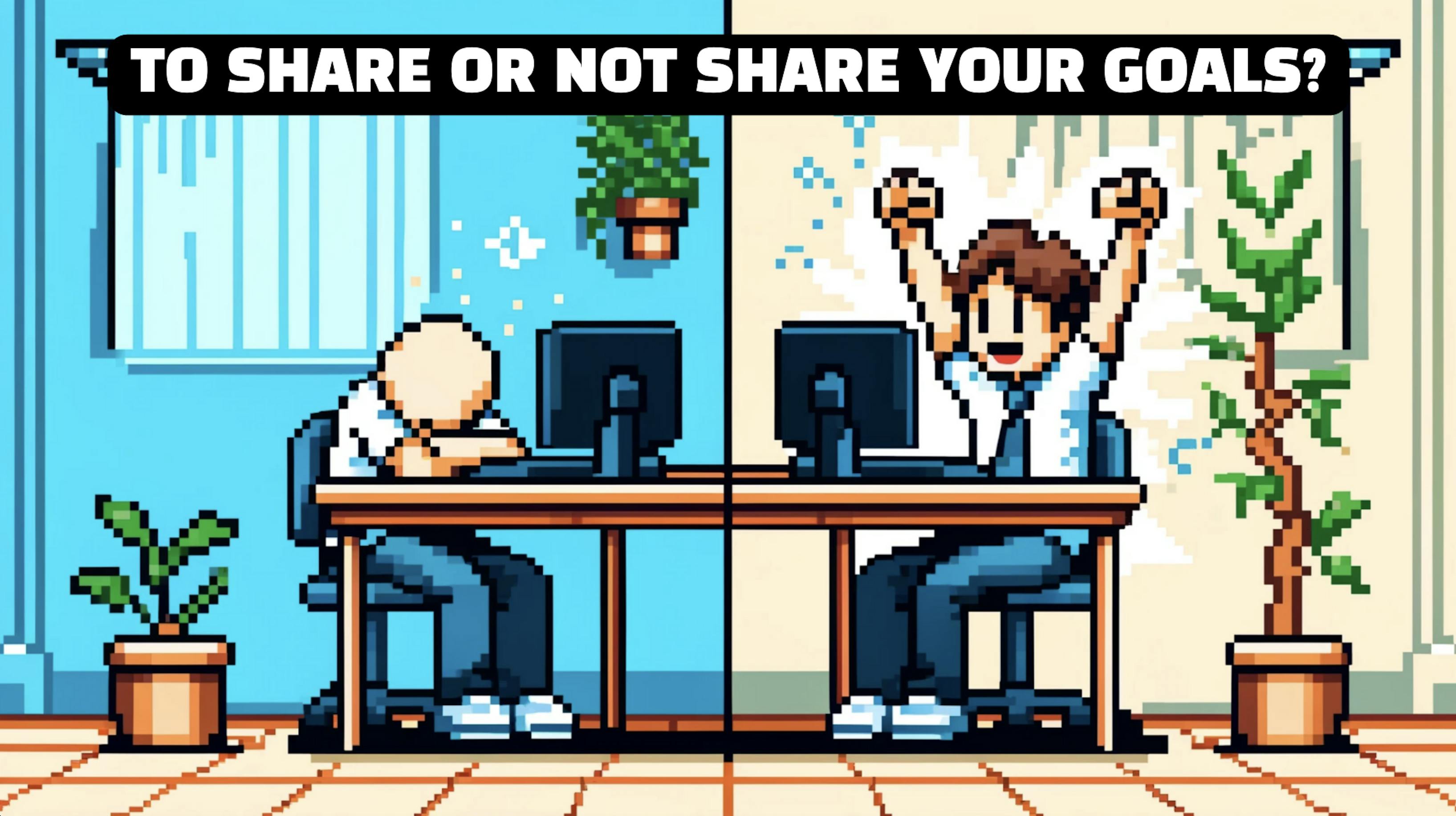 An AI-generated 16-bit image of two guys at a desk, each with a computer in front of them. The guy on the left has his head down on the desk. The guy on the right has his arms raised in victory. The text reads "To share or not to share your goals?"