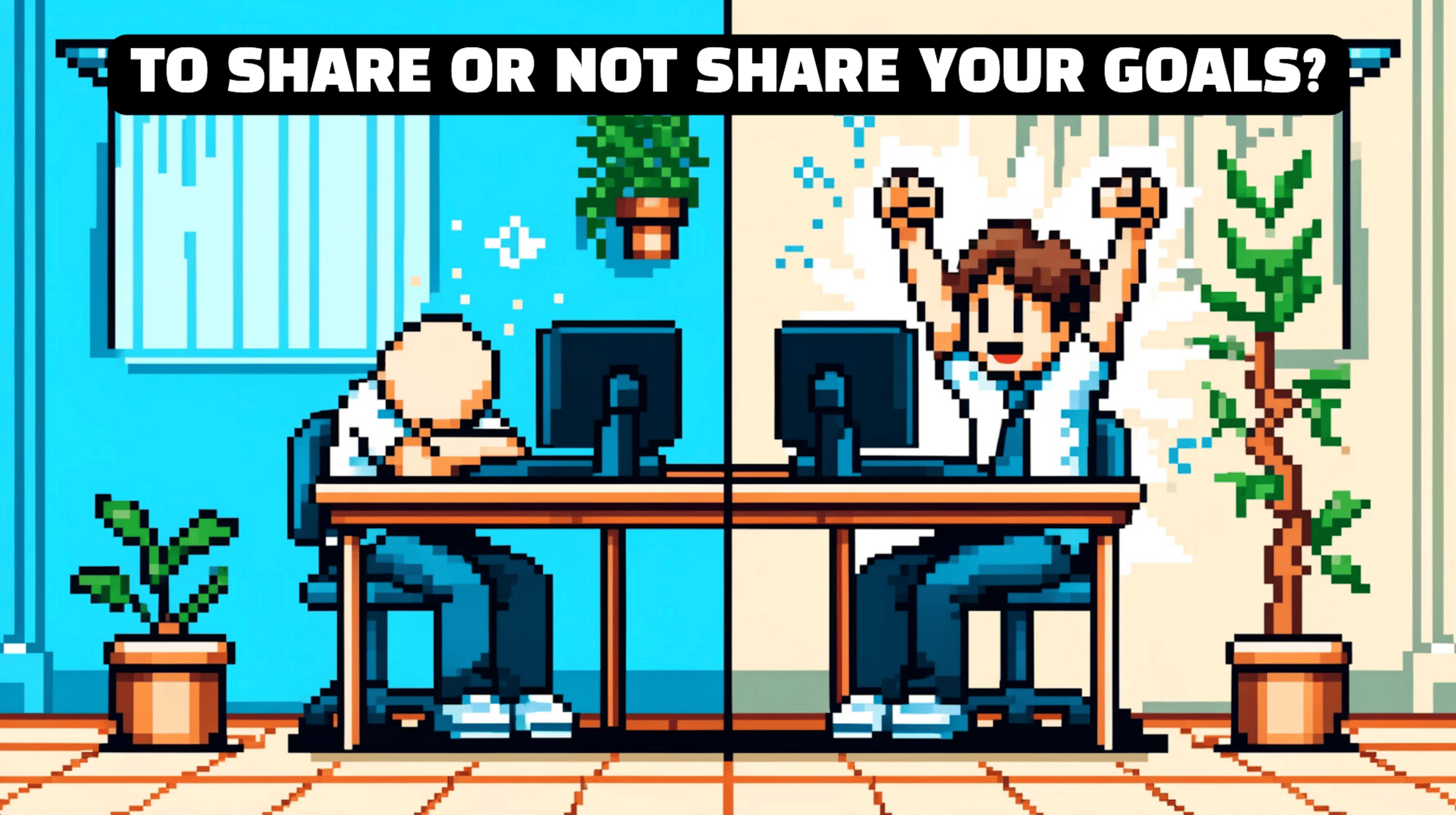 An AI-generated 16-bit image of two guys at a desk, each with a computer in front of them. The guy on the left has his head down on the desk. The guy on the right has his arms raised in victory. The text reads "To share or not to share your goals?"