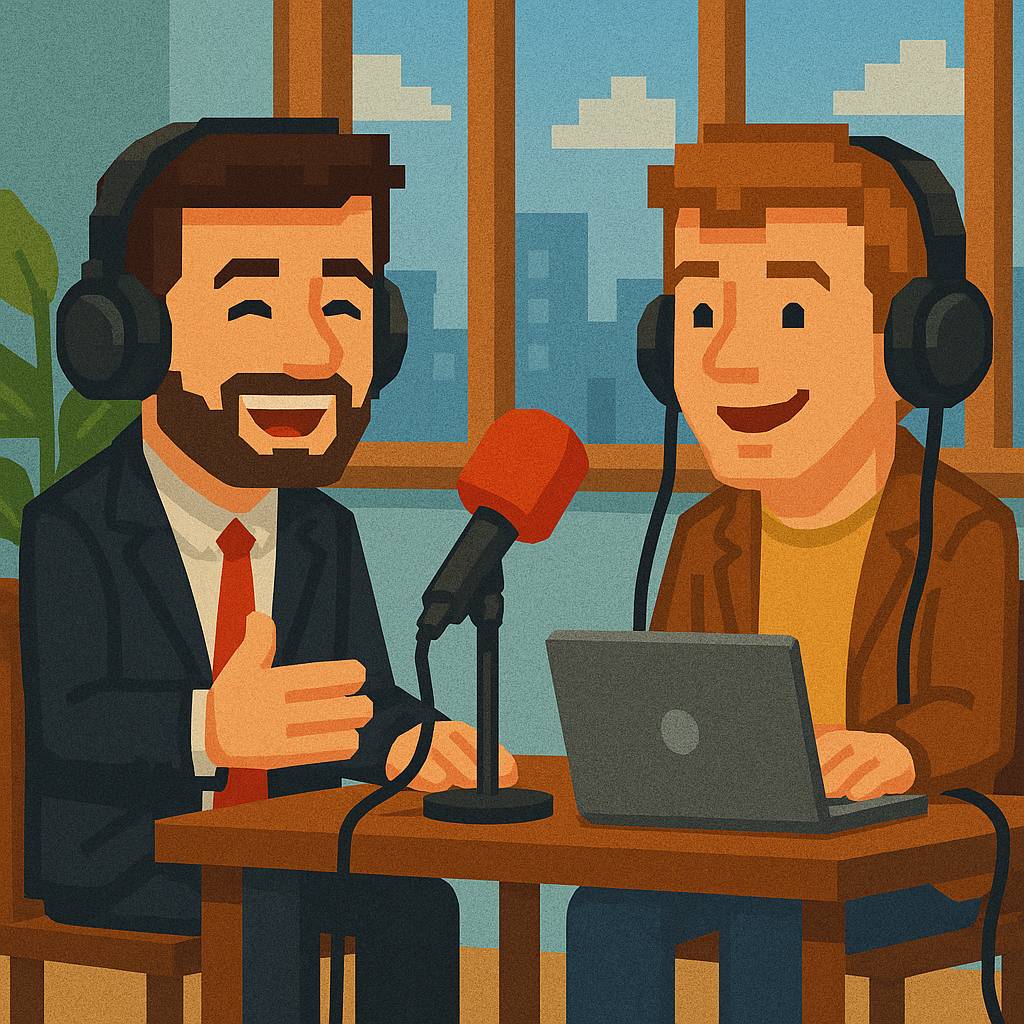 Podcaster interviewing a man in a business suit