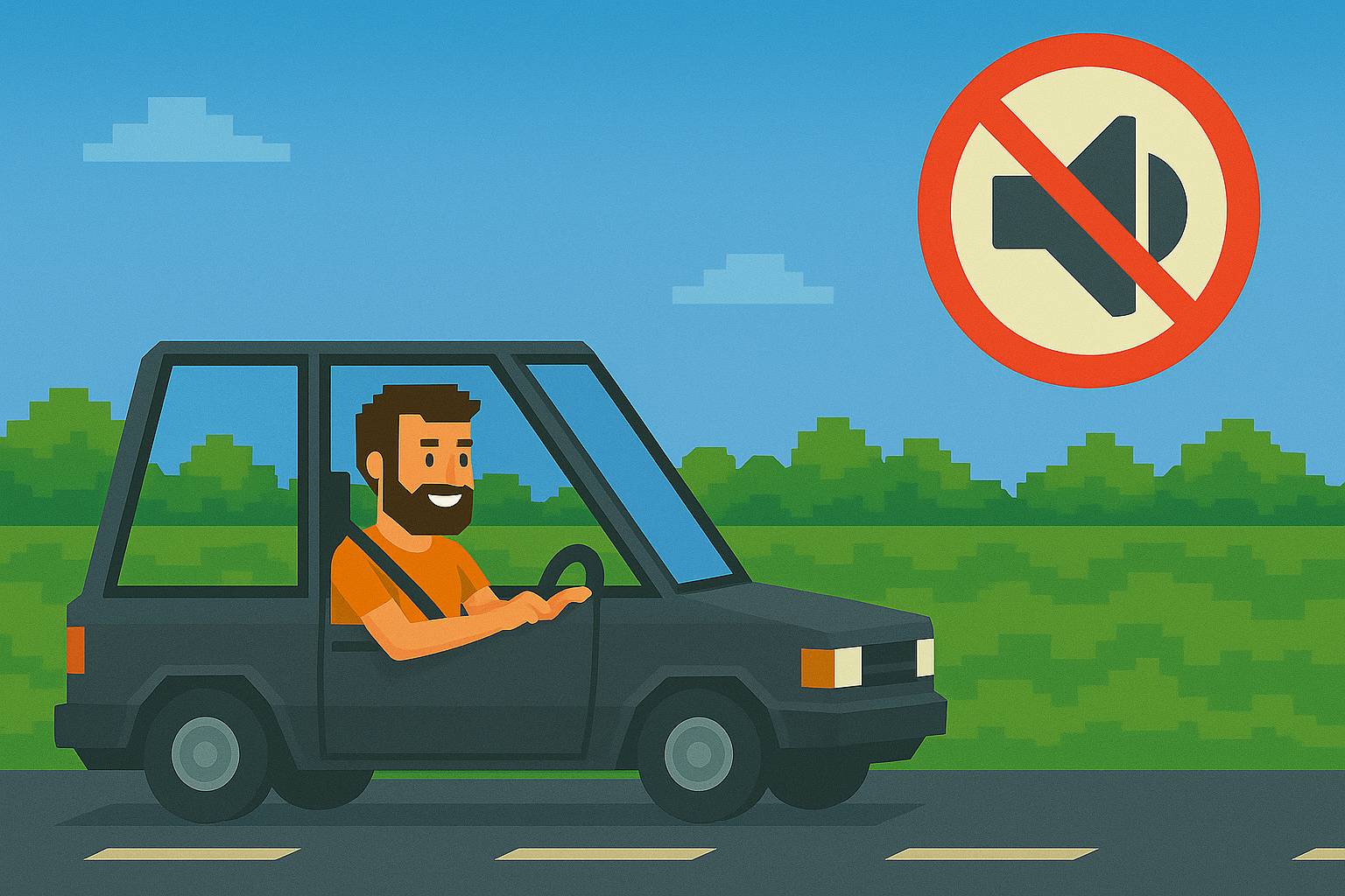 8-bit style image of a guy driving a car with the mute symbol above