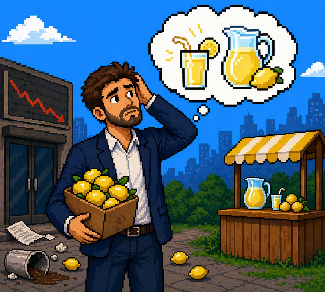 8-bit style image of a man leaving a bad work situation holding a box of lemons and thinking about making lemonade