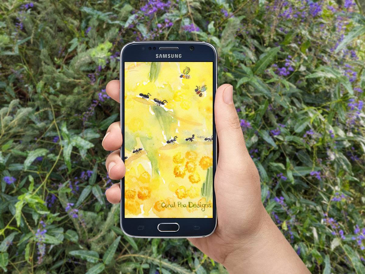 holding a phone with a watercolour wattle background