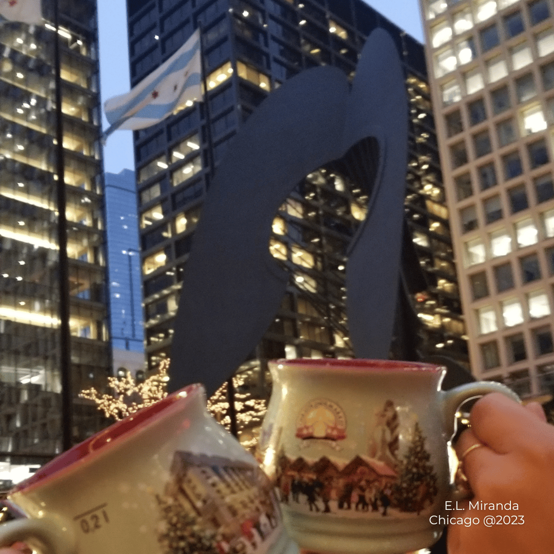 Holiday mugs Christmas Market, City of Chicago Flag, Picasso Sculpture