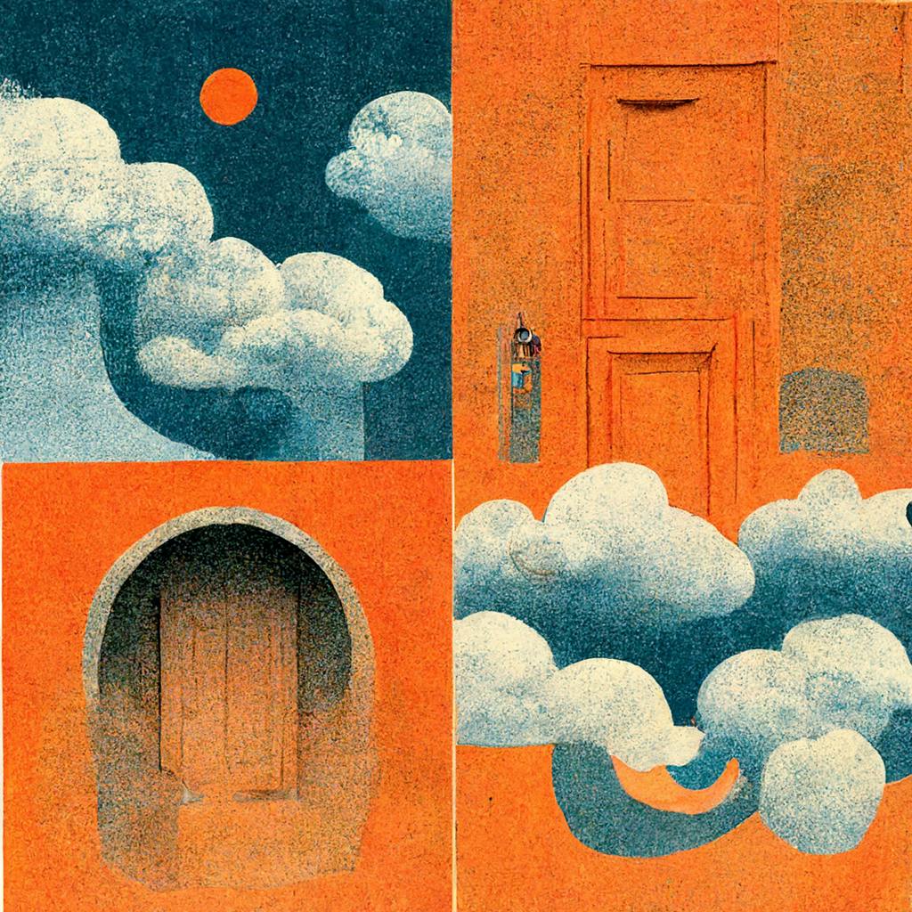 editorial illustration about curiosity, and questioning different doorways and clouds, playful possibilities, collage and pencil crayon, blues and orange palette, in the style of UKIOYO-E