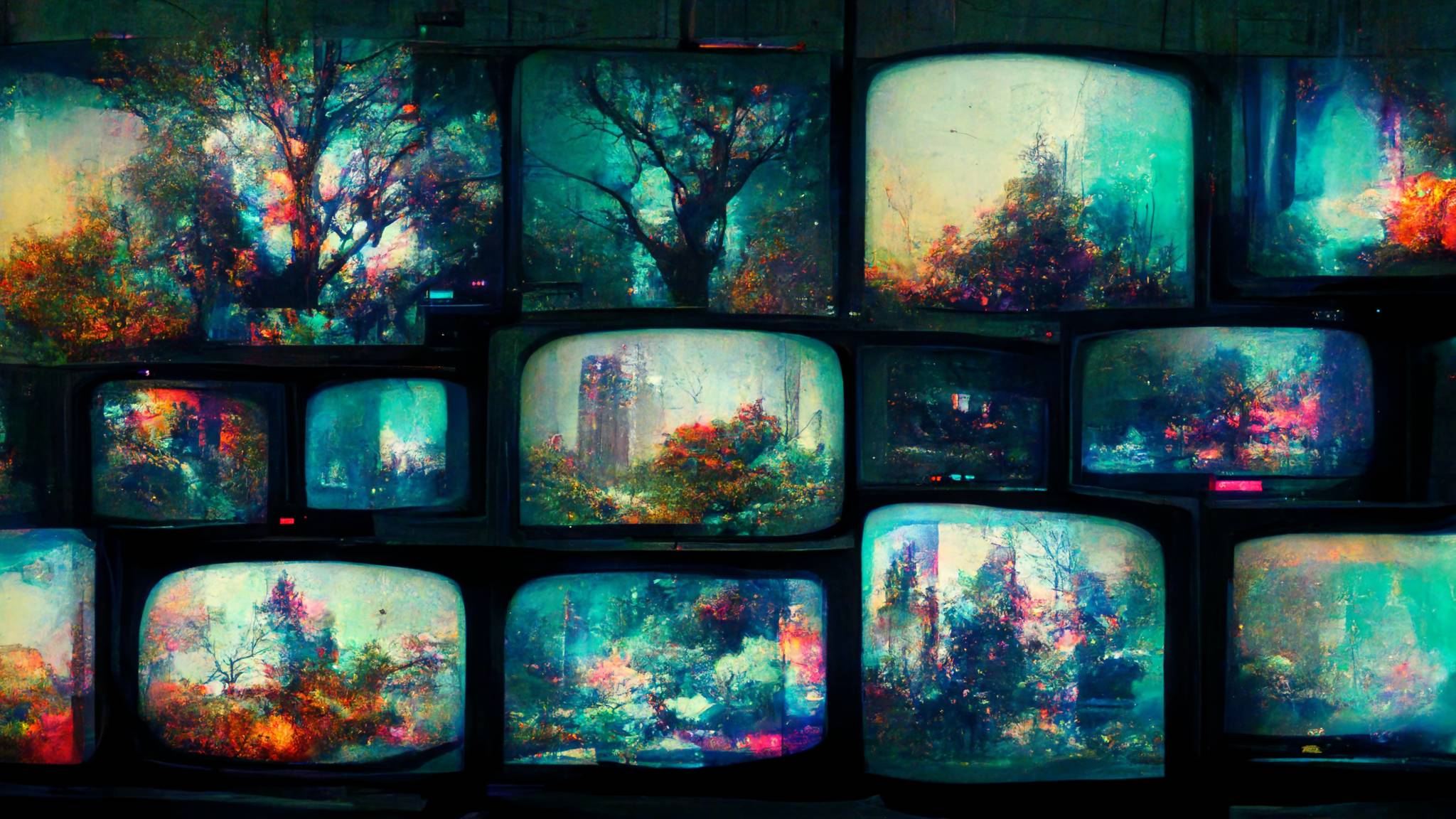 a collection of different TV screens large and small wedged into the branches of a tree all showing different blurry images jumbled together in the style of cyberpunk