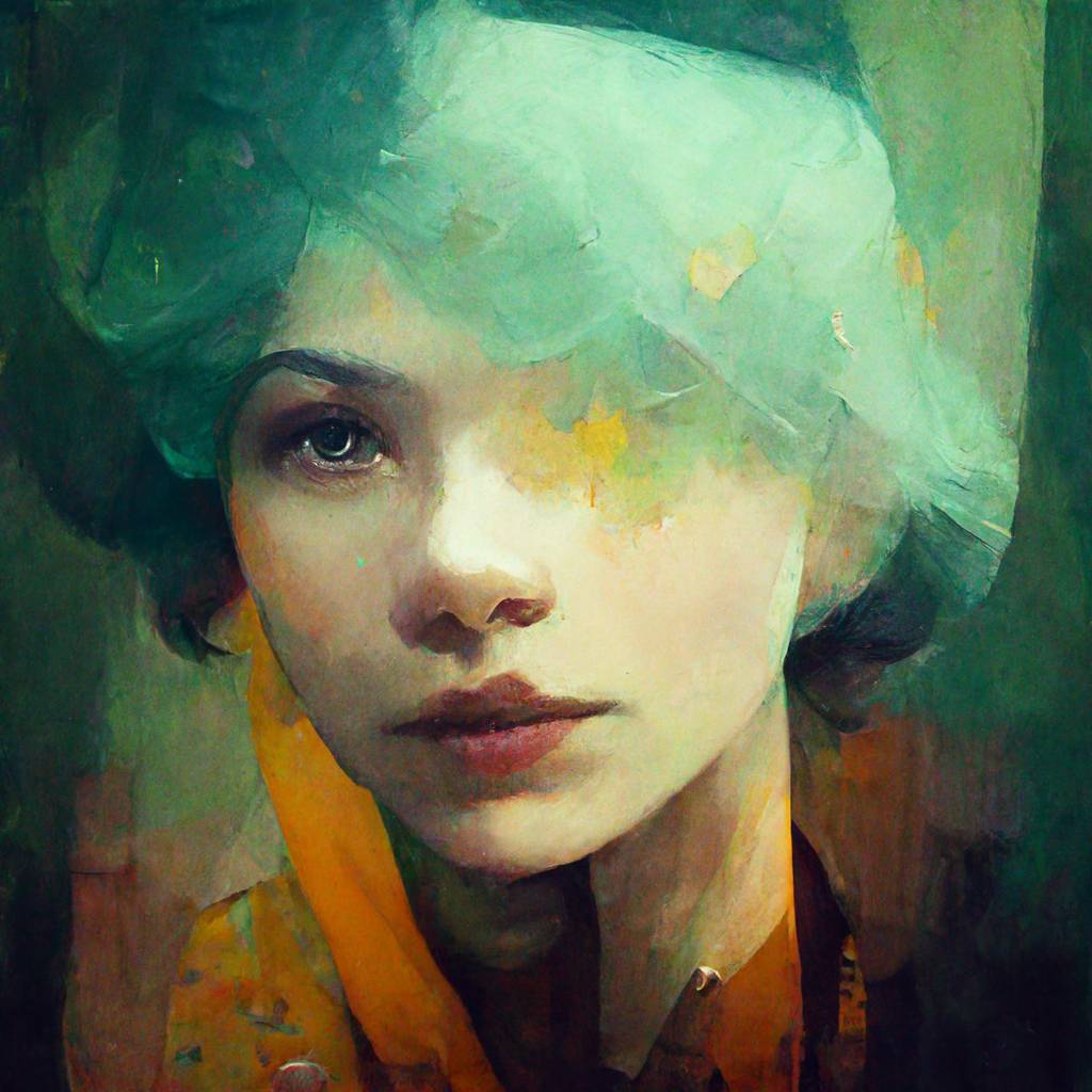 portrait of a female writer :: contemplative :: watercolor painting :: bright lighting :: green pastel colors